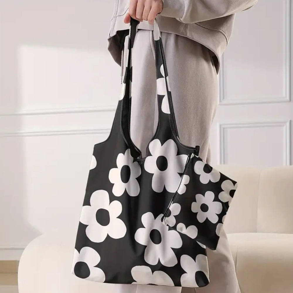Floral Black and White Tote Bag With Matching Coin or Makeup Bag